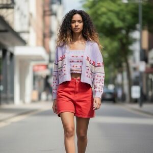 Zara Size‎ Small Jacquard Knit Cherry Print Open Cardigan Sweater & Tank Set